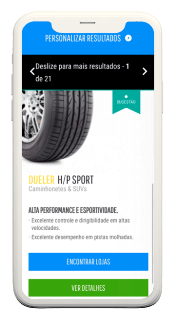 Site Bridgestone: Tela de produtos no celular