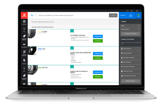 Site Bridgestone: Tela de produtos no notebook