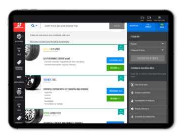 Site Bridgestone: Tela de produtos no tablet