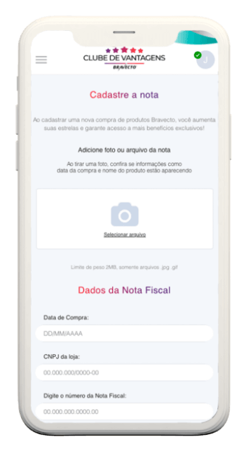 Clube Bravecto: Tela de cadastro da nota fiscal no celular