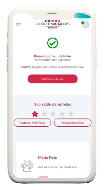 Clube Bravecto: Tela de cadastro de usuário realizado com sucesso no celular