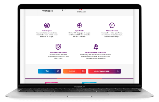 Site Bravecto: Tela vantagens do Bravecto no notebook