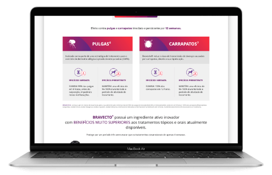 Site Bravecto: Tela de informações para veterinários no notebook