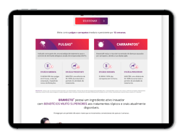 Site Bravecto: Tela de informações para veterinários no tablet